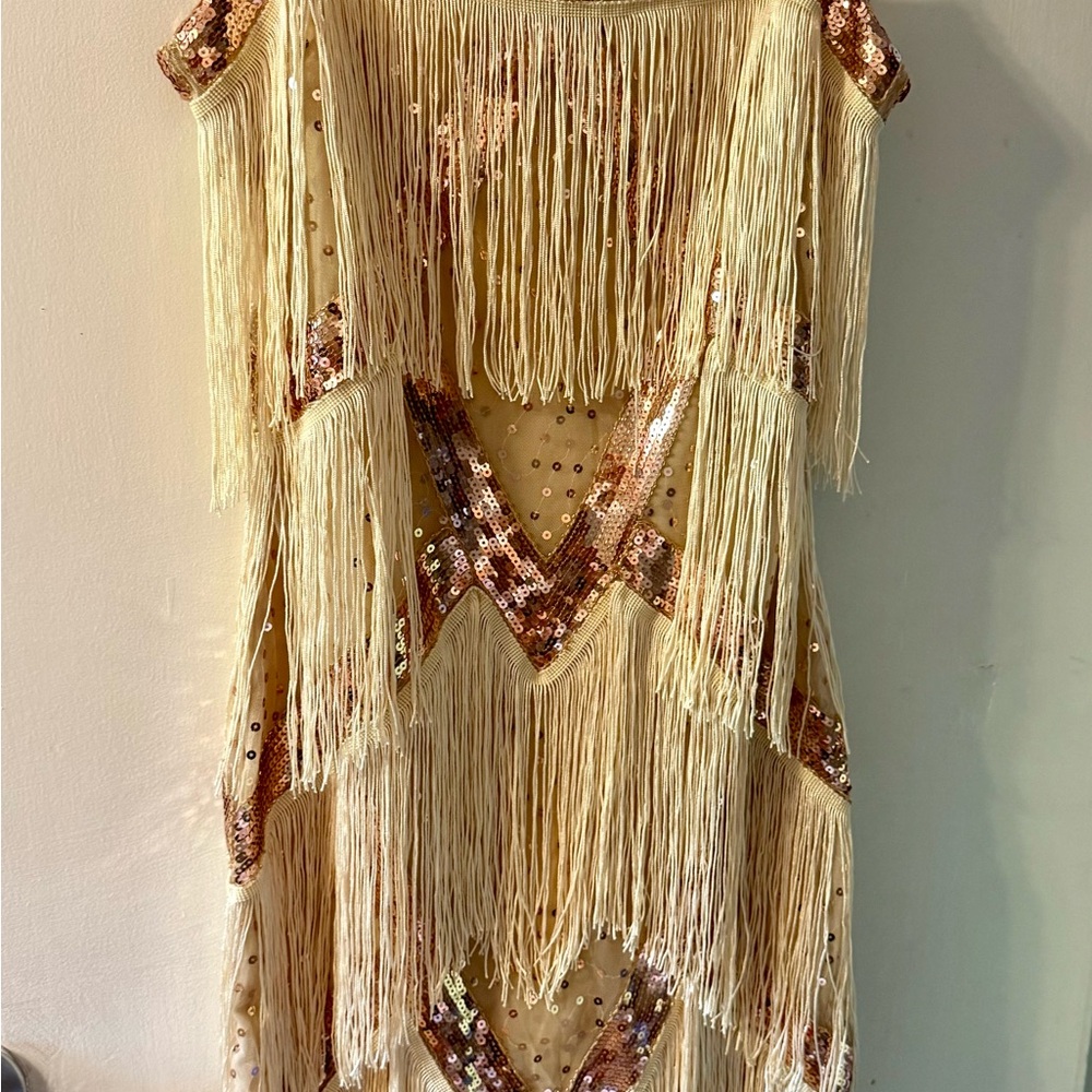 Art Deco/Gatsby inspired Cream and Gold Fringe Dress